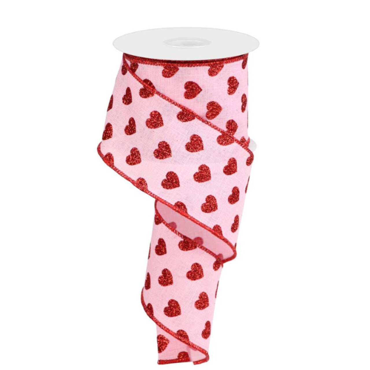 2.5"x10yd Valentine's Day Ribbon – Light Pink with Red Glitter Hearts, Wired for Crafts (RGA173815)